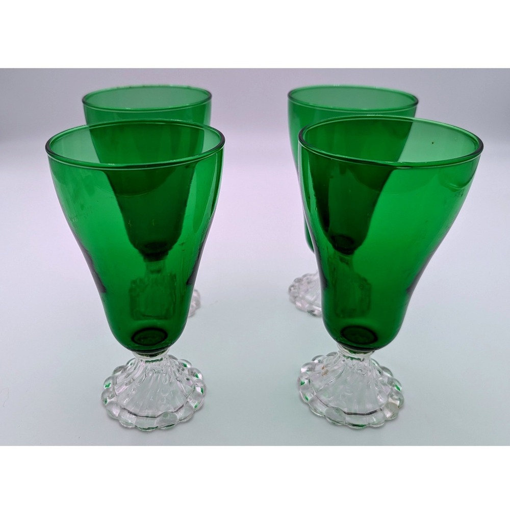 Vintage Green Glass Goblets Emerald Green Clear Fluted Base Set of 4